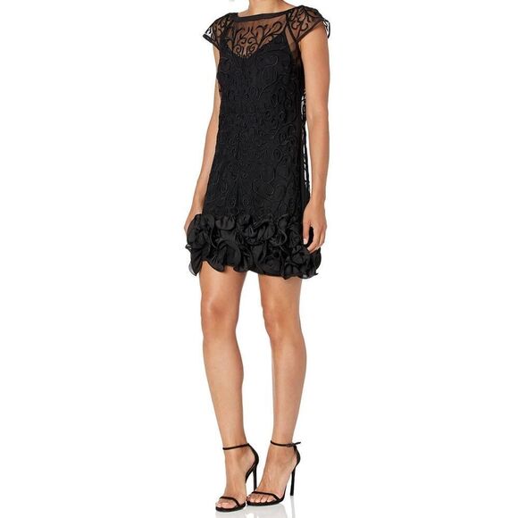 GUESS Dress Size 0 Black Lace Ruffled Hem Sheath Mini Cocktail Party Sheer NEW - Picture 1 of 14